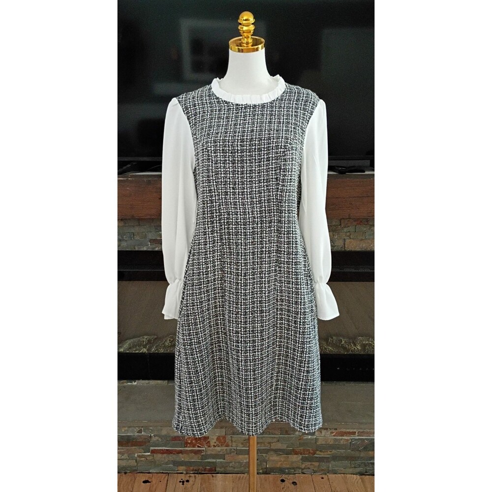 BloomChic Black and White Tweed Midi Dress with White Sleeves